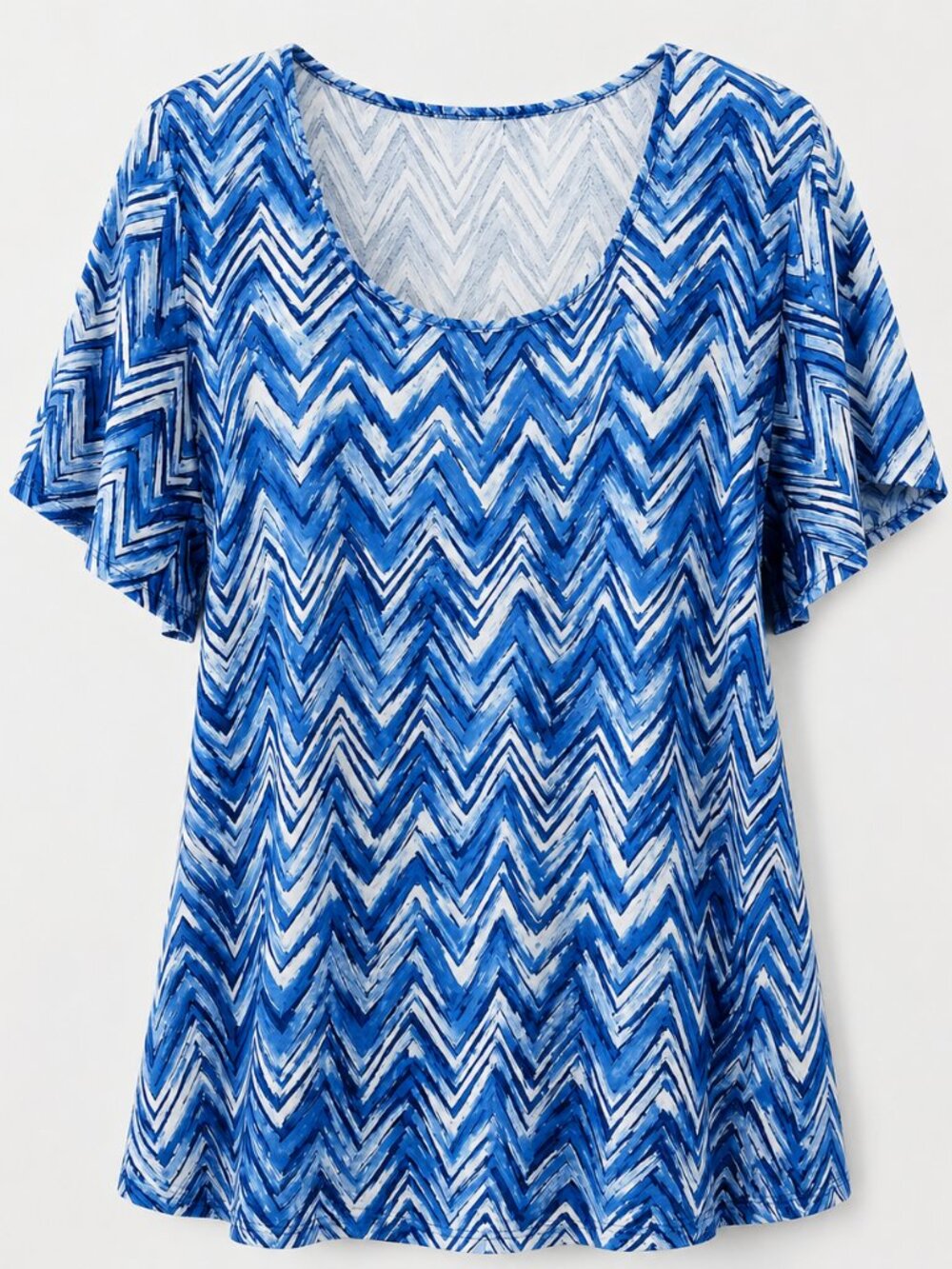 Blue Chevron Print Short Sleeve Blouse Women's XL Lightweight Stretch Top